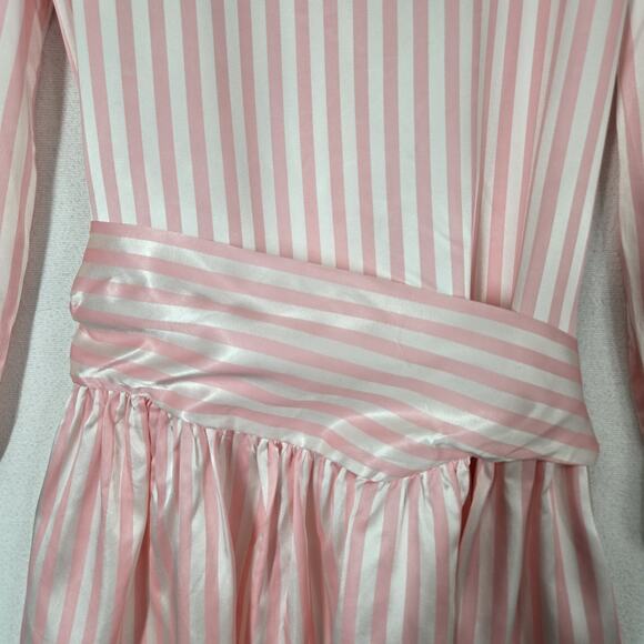 VTG Bonnie Jean Satin Dress Sz 8 Pink White Striped Long Sleeve Collar Lace - Picture 4 of 14